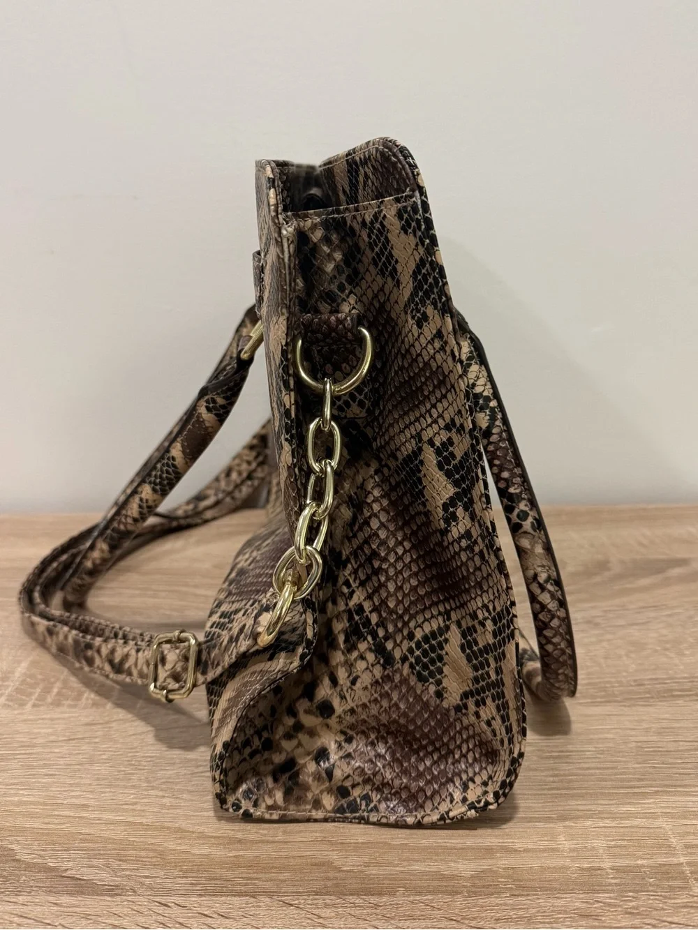 Rosetti Python Snakeskin Print Satchel Handbag Tote Purse Gold Lock Faux Leather
